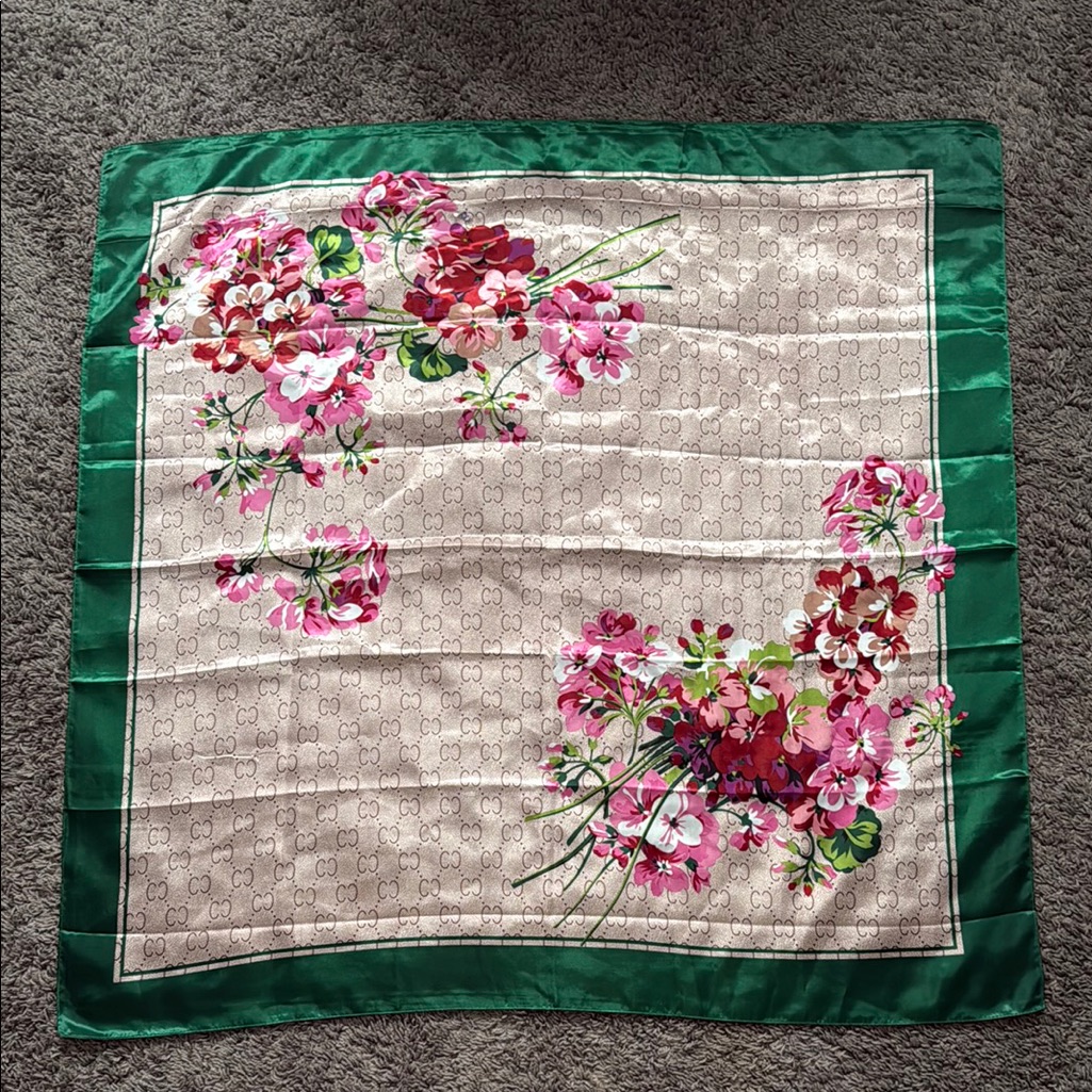 Floral Silk Scarf With Green Border